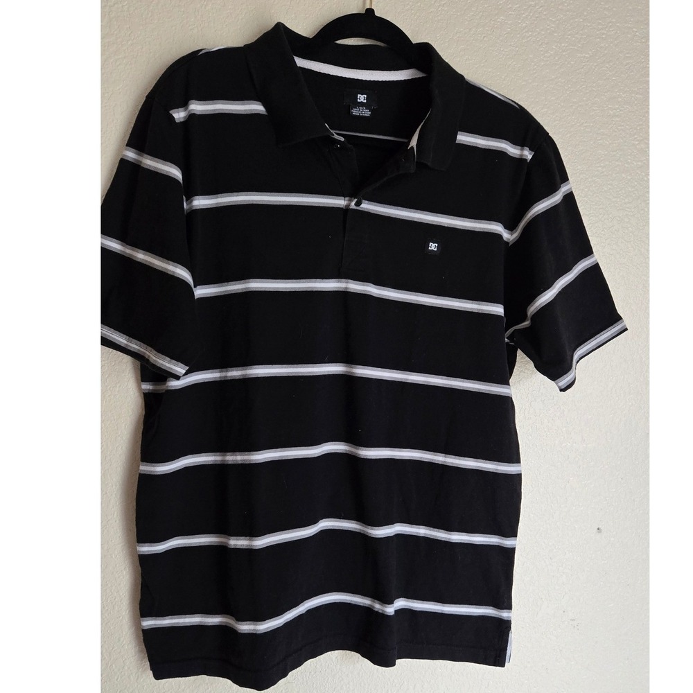 DC Shoes Mens Polo Shirt Large Black Striped Short Sleeve Skate Streetwear